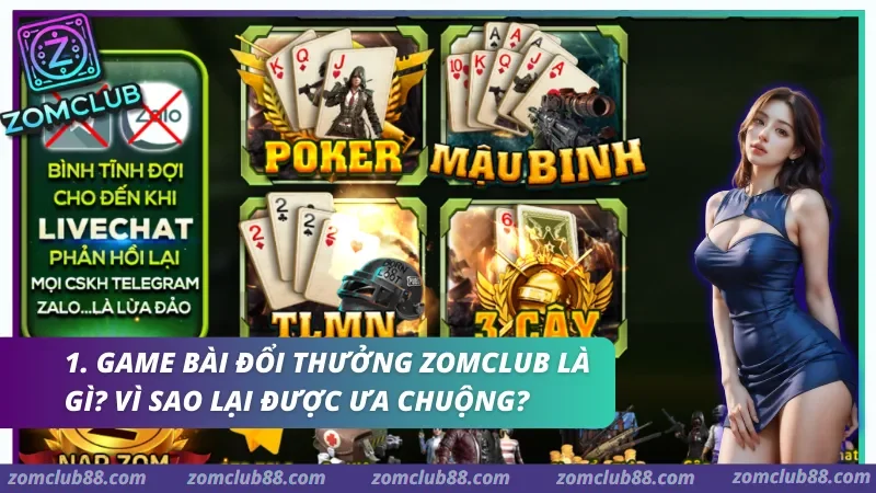 Sảnh game bài Zomclub với các ô Poker, Mậu Binh, Tiến Lên Miền Nam và 3 Cây