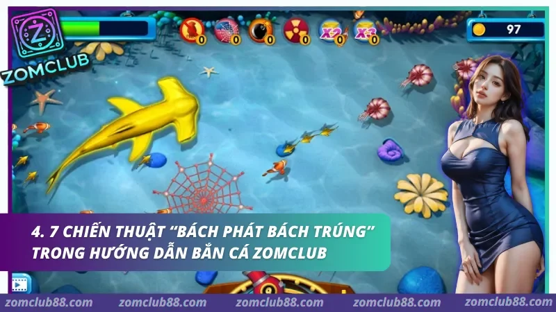 Hình ảnh Huong Dan Ban Ca Zomclub 3 trong bài viết Hướng Dẫn Bắn Cá Zomclub - Cách Chơi, Mức Đạn & Mẹo An Toàn 2026. Màn chơi bắn cá với cá mập vàng, cá nhỏ, lưới và pháo bắn