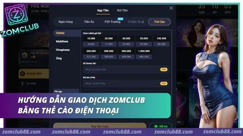 Biểu mẫu nạp thẻ cào với lựa chọn nhà mạng, mệnh giá, seri và mã PIN