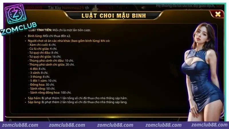 Hình ảnh Mau Binh Zomclub 1 1 trong bài viết Mậu Binh Zomclub: Cách xếp bài và mẹo thắng từ cao thủ. Bảng luật Mậu Binh ZomClub với cách tính chi và các trường hợp phạt
