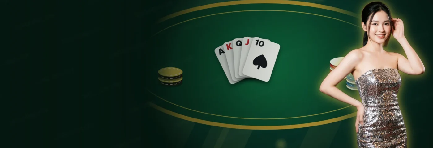 Bàn bài ZOMCLUB với quạt bài và người mẫu đứng cạnh bàn Bàn bài ZOMCLUB với bộ bài và các chồng chip